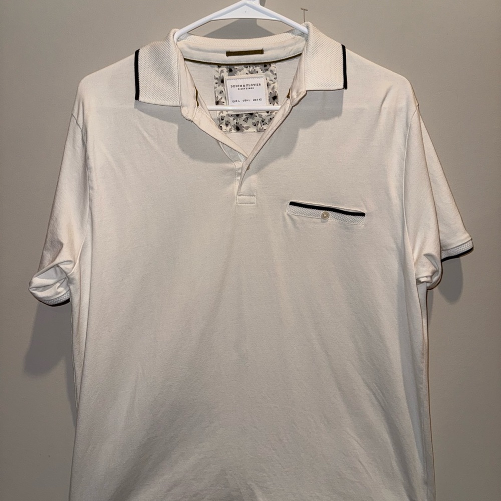 Denim & Flower Cream Polo Shirt with Black Trim